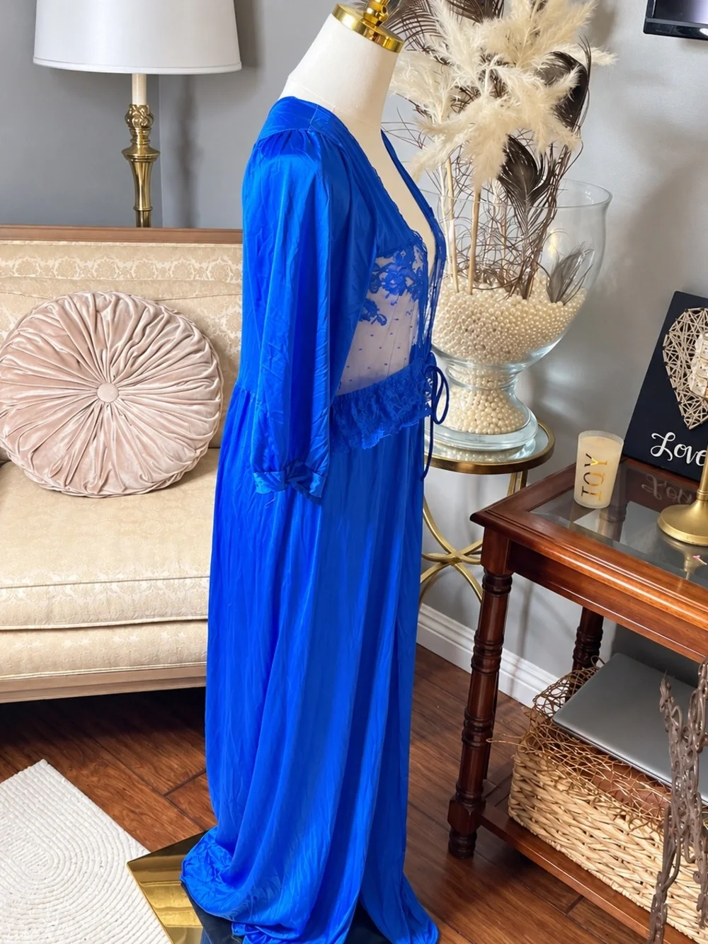 Vintage La Notte Royal Blue Lace Sheer Peignoir Nightgown/Robe Made in USA